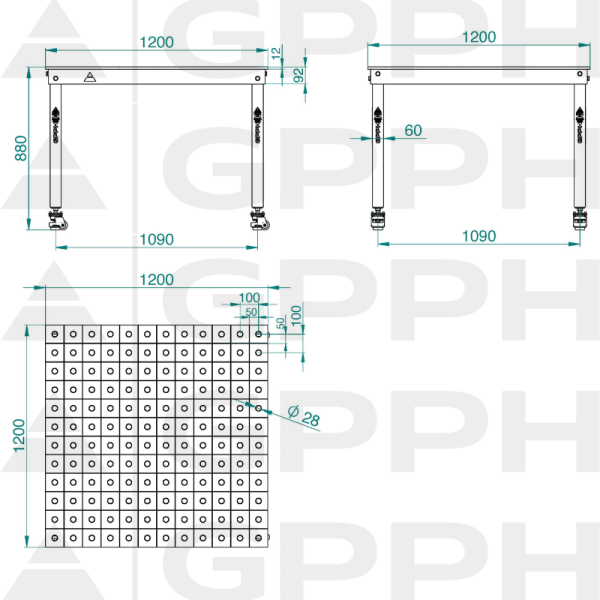 Dibujo técnico Mesa BASIC 1200x1200 mm fi28 100x100 ruedas