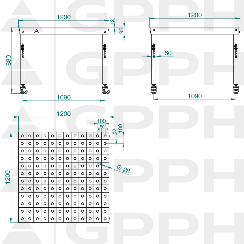 Technische Zeichnung Tisch BASIC 1200x1200 mm fi28 100x100 Räder
