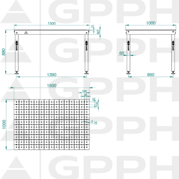 Dibujo técnico Mesa BASIC 1500x1000 mm fi16 50x50 patas