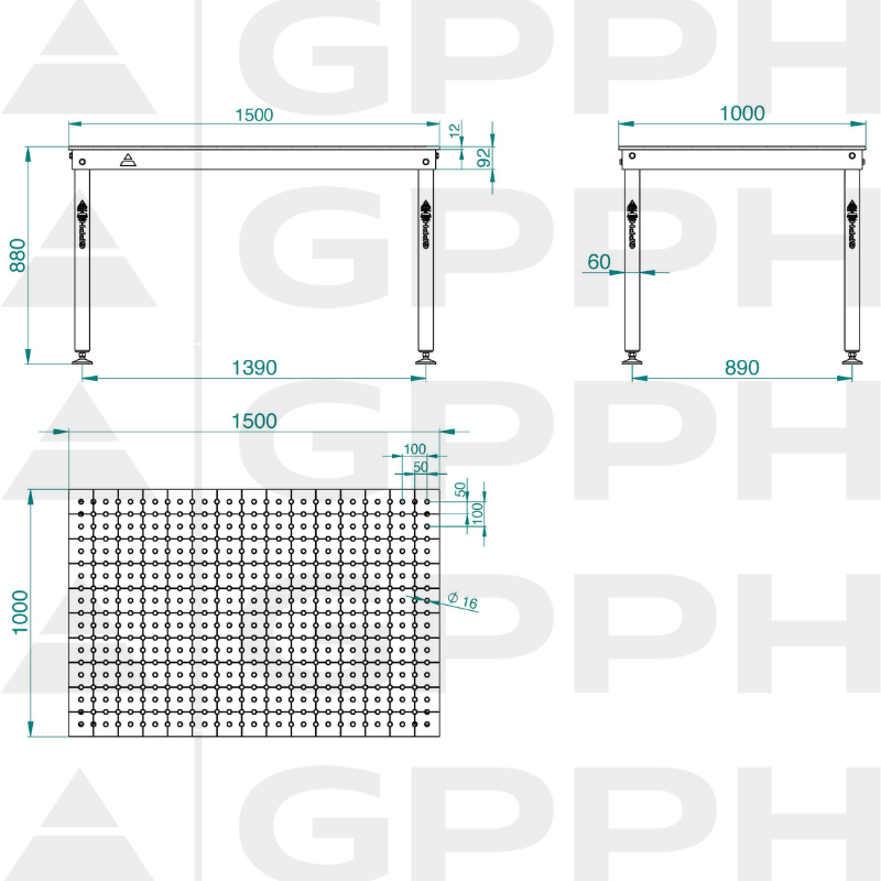 Dibujo técnico Mesa BASIC 1500x1000 mm fi16 50x50 patas