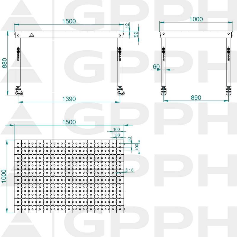 Dibujo técnico Mesa BASIC 1500x1000 mm fi16 50x50 ruedas