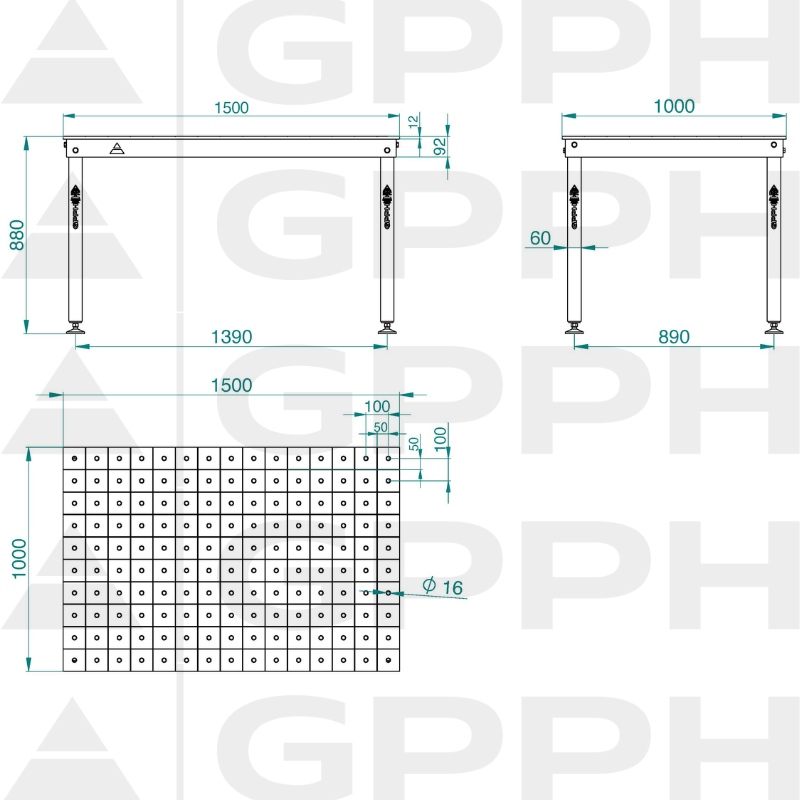 Dibujo técnico Mesa BASIC 1500x1000 mm fi16 100x100 pies