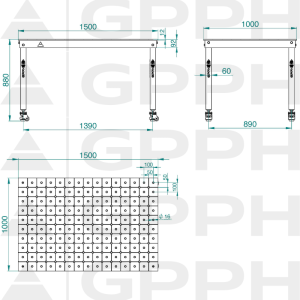 Dibujo técnico Mesa BASIC 1500x1000 mm fi16 diagonal ruedas