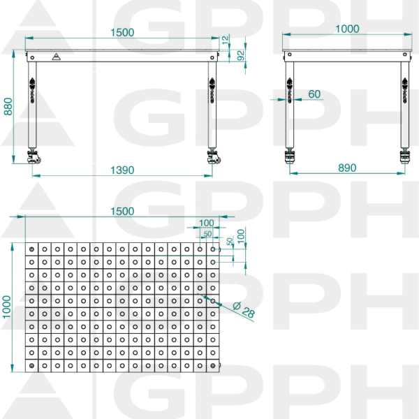 Dibujo técnico Mesa BASIC 1500x1000 mm fi28 100x100 ruedas
