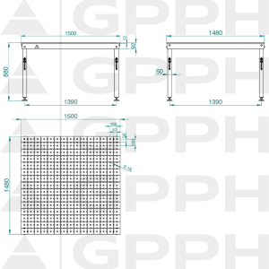 Technický výkres Stůl BASIC 1500x1480 mm fi16 50x50 nohy
