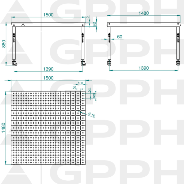 Technický výkres Stůl BASIC 1500x1480 mm fi16 50x50 kolečka