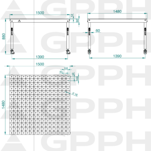 Technický výkres Stůl BASIC 1500x1480 mm fi16 diagonální kolečka