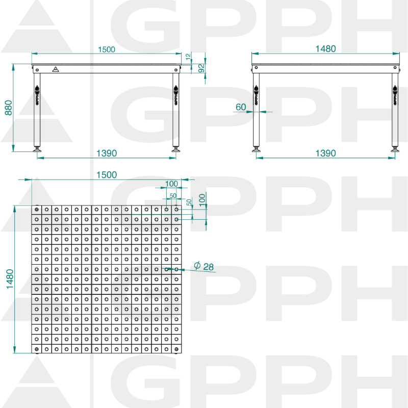 Dibujo técnico Mesa BASIC 1500x1480 mm fi28 100x100 patas