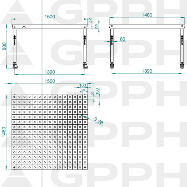 Technický výkres Stůl BASIC 1500x1480 mm fi28 100x100 kola