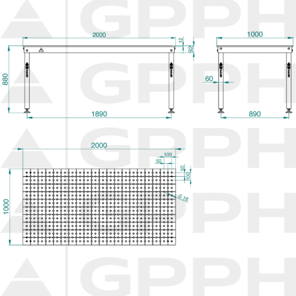 Technický výkres Stůl BASIC 2000x1000 mm fi16 50x50 nohy
