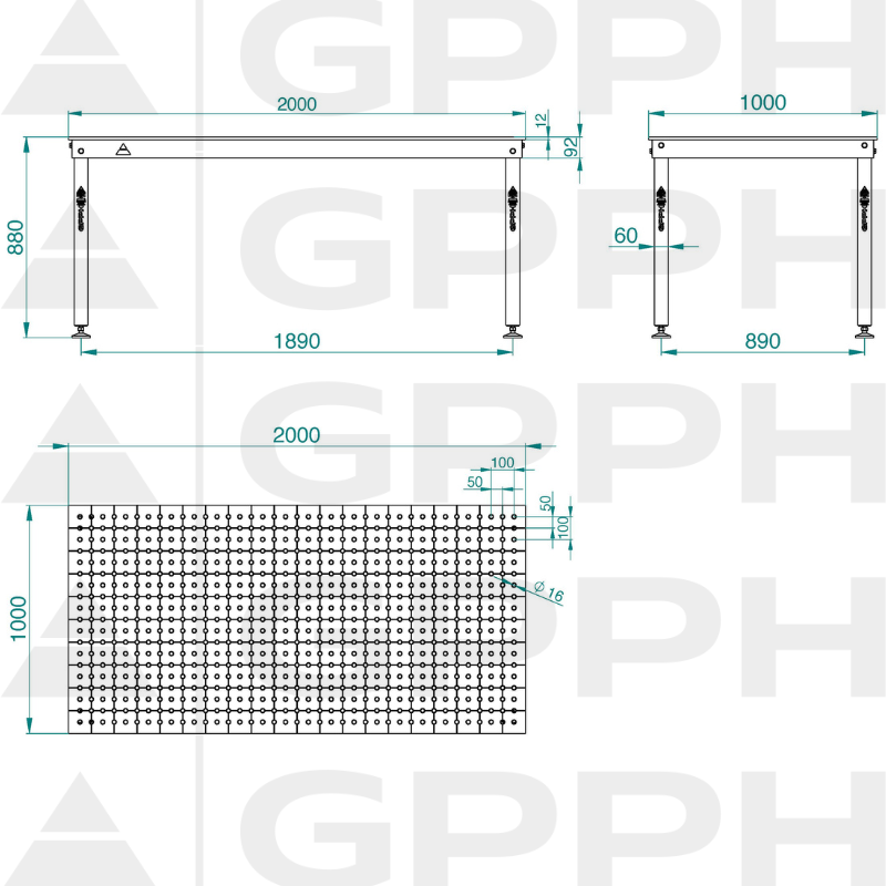 Dessin technique Table BASIC 2000x1000 mm fi16 50x50 pieds