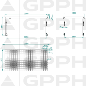 Technický výkres Stůl BASIC 2000x1000 mm fi16 50x50 kolečka
