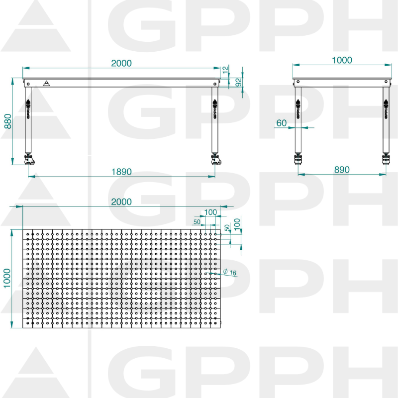 Dessin technique Table BASIC 2000x1000 mm fi16 50x50 roues
