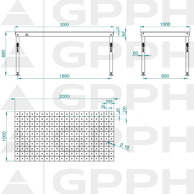 Dessin technique Table BASIC 2000x1000 mm fi16 100x100 pieds