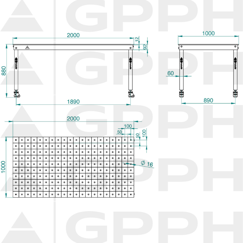 Dessin technique Table BASIC 2000x1000 mm fi16 100x100 roues