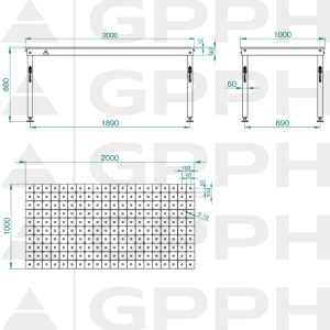 Technický výkres Stůl BASIC 2000x1000 mm fi16 diagonální nohy