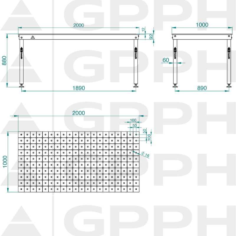 Dessin technique Table BASIC 2000x1000 mm fi16 diagonale pieds