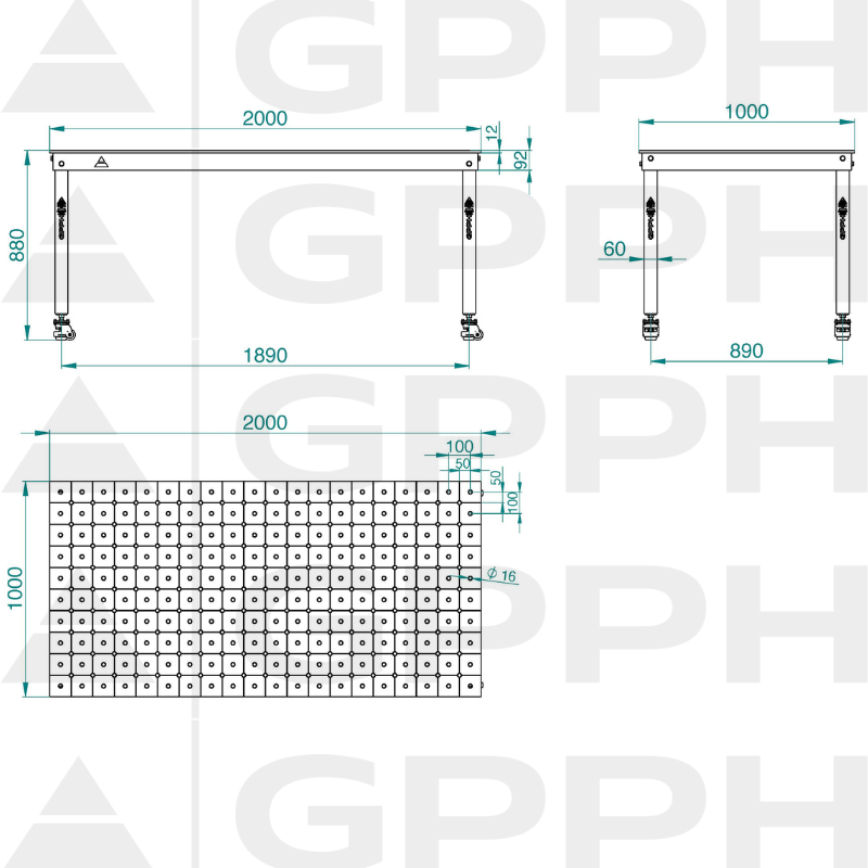 Dessin technique Table BASIC 2000x1000 mm fi16 diagonale roues