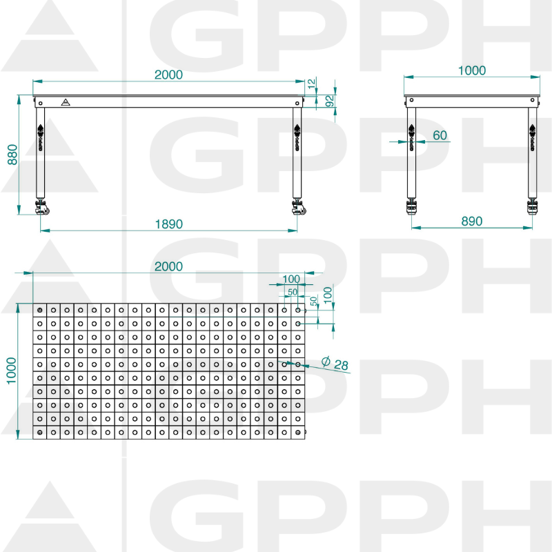 Dessin technique Table BASIC 2000x1000 mm fi28 100x100 roues