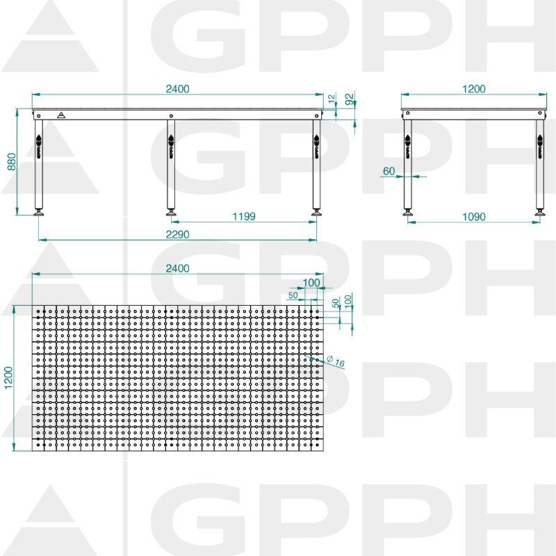 Dibujo técnico Mesa BASIC 2400x1200 mm fi16 50x50 patas