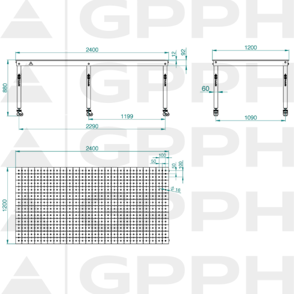 Technický výkres Stůl BASIC 2400x1200 mm fi16 50x50 kolečka