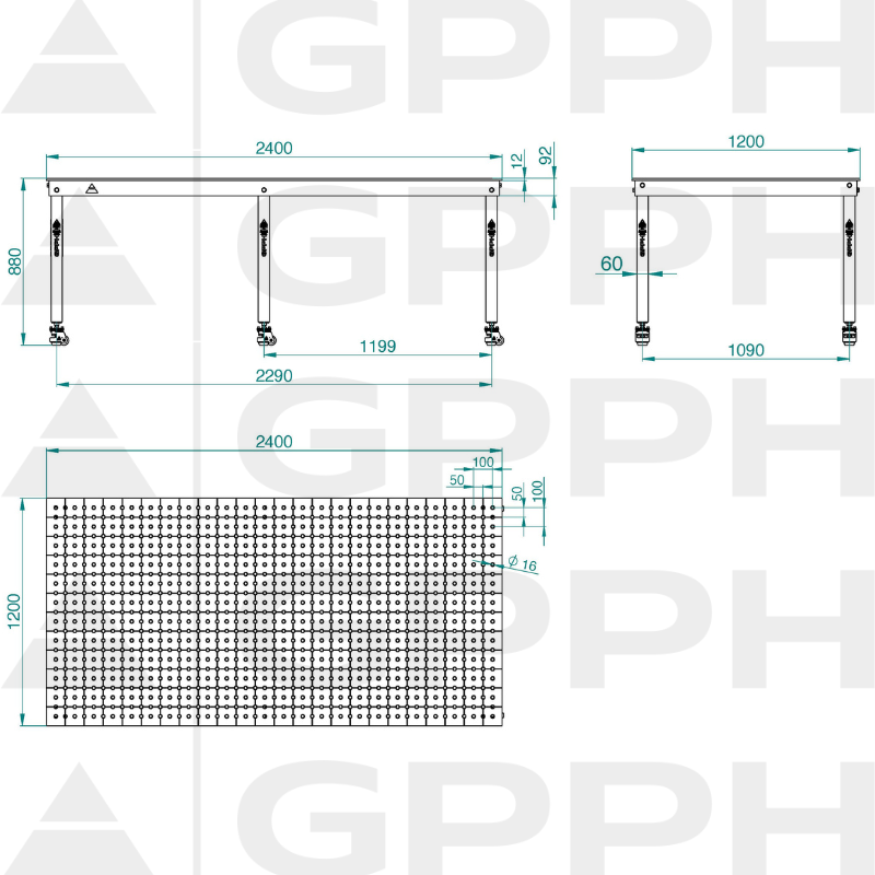 Dibujo técnico Mesa BASIC 2400x1200 mm fi16 50x50 ruedas