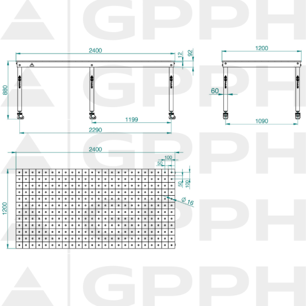 Technický výkres Stůl BASIC 2400x1200 mm fi16 100x100 kolečka