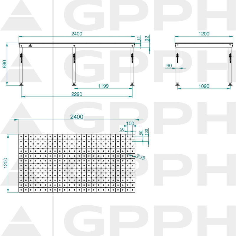 Dibujo técnico Mesa BASIC 2400x1200 mm fi16 diagonal pies