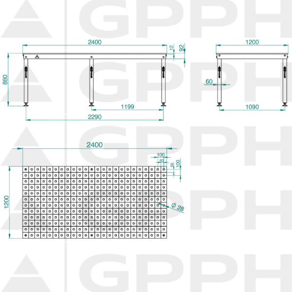 Technický výkres Stůl BASIC 2400x1200 mm fi28 100x100 nohy