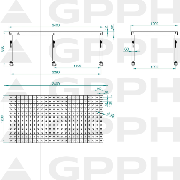 Technický výkres Stůl BASIC 2400x1200 mm fi28 100x100 kola