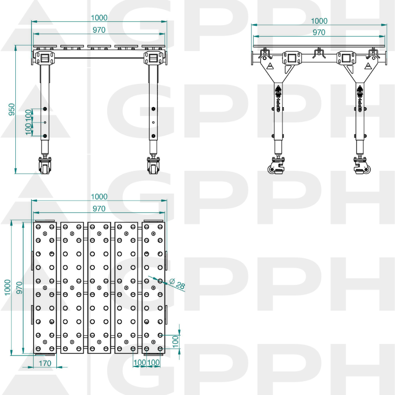 Rysunek techniczny Modułowy Stół Spawalniczy Pojedynczy 1000x1000 mm