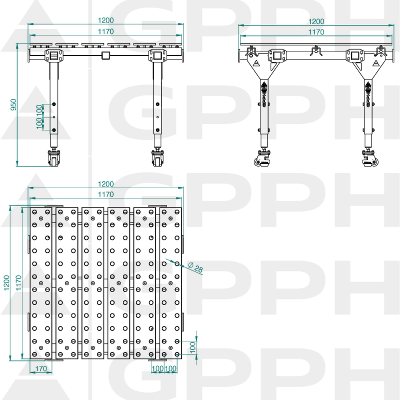 Technical drawing MWT SINGLE table 1200x1200 mm fi28 100x100