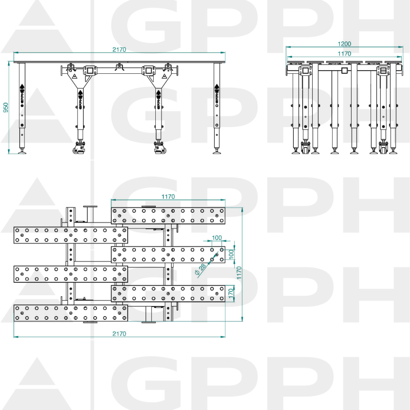 Rysunek techniczny Stół MWT POJEDYNCZY ROZKŁADANY 2170x1200 mm fi28 100x100