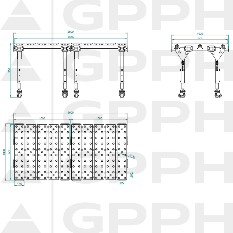 Technical drawing MWT DOUBLE TABLE 2000x1000 mm fi28 100x100