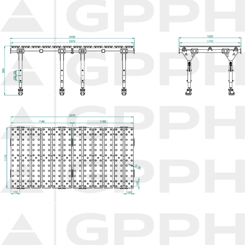Rysunek techniczny  Stół MWT PODWÓJNY 2400x1200 mm fi28 100x100