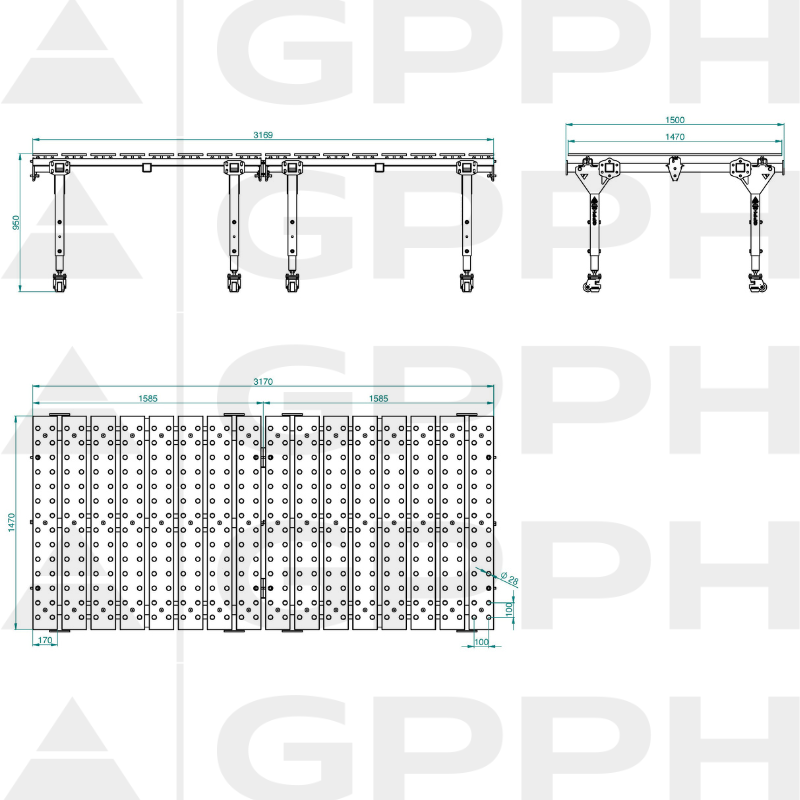 Rysunek techniczny Stół MWT PODWÓJNY 3200x1500 mm fi28 100x100