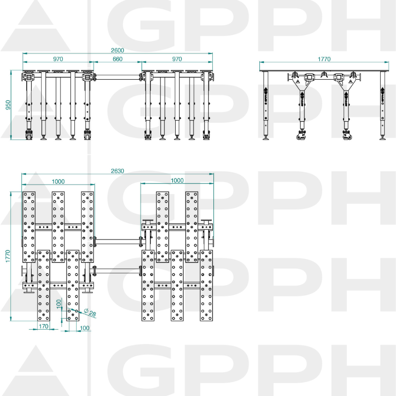 Rysunek techniczny Stół MWT ZEST O DUŻEJ POW 2630x1770 mm fi28 100x100