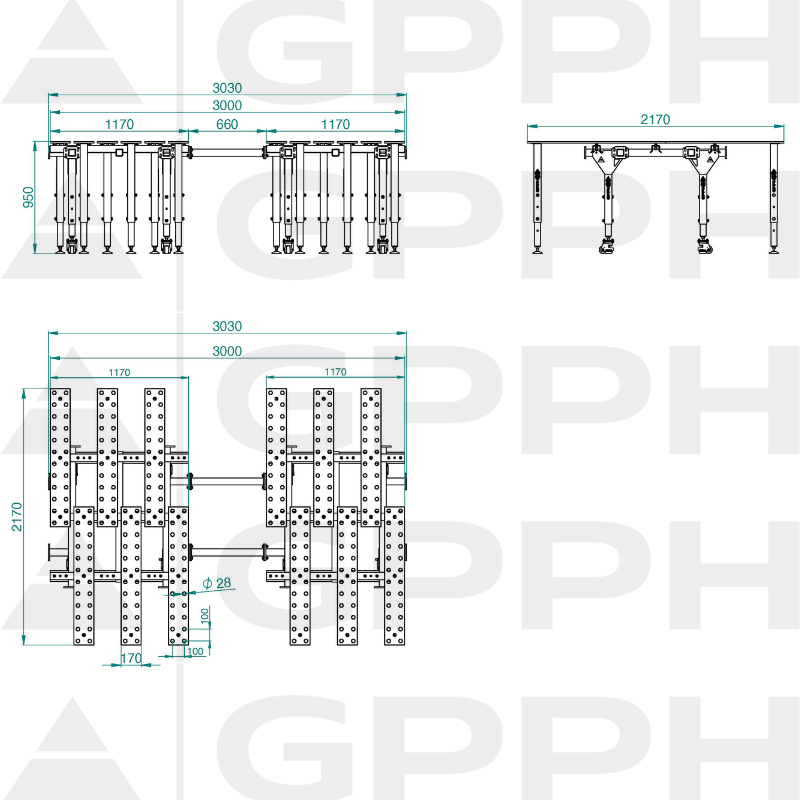 Tehnički crtež stol MWT SET S VELIKOM POVRŠINOM 3030x2170 mm fi28 100x100