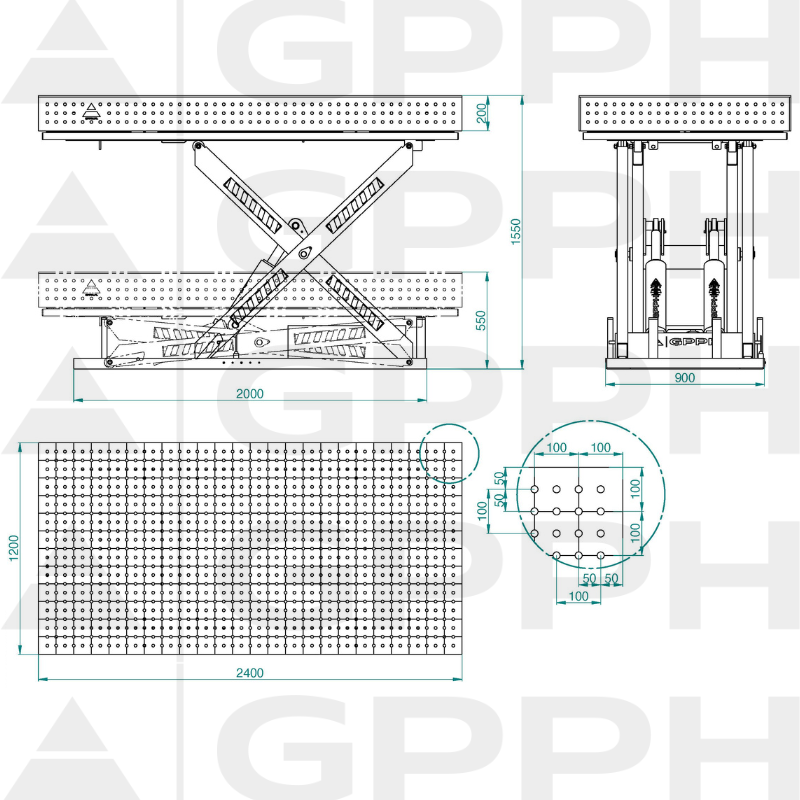 Technical drawing XWT ECO table 2400x1200 mm fi16 50x50