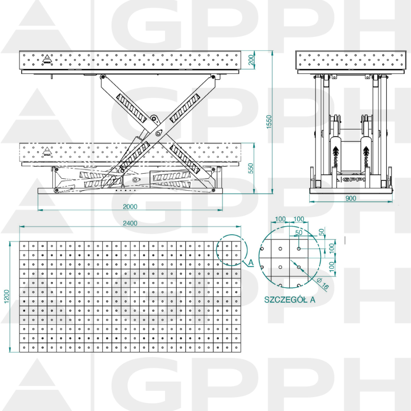 Technical drawing XWT ECO table 2400x1200 mm fi16 100x100