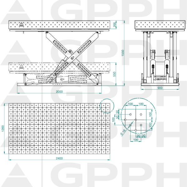Dessin technique Table XWT ECO 2400x1200 mm fi16 diagonale