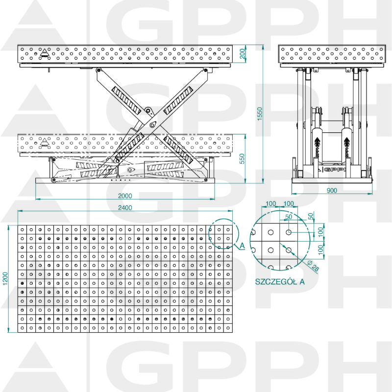 Technical drawing XWT ECO table 2400x1200 mm fi28 100x100