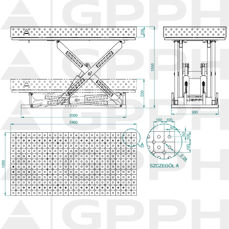 Technical drawing XWT ECO table 2400x1200 mm fi28 diagonal