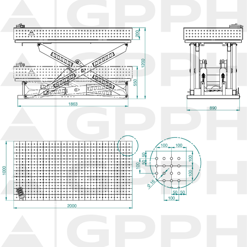 Dessin technique Table XWT ECO 2000x1000 mm fi16 50x50
