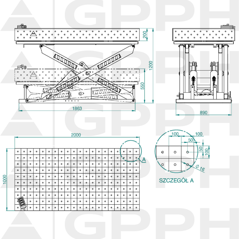 Dessin technique Table XWT ECO 2000x1000 mm fi16 100x100