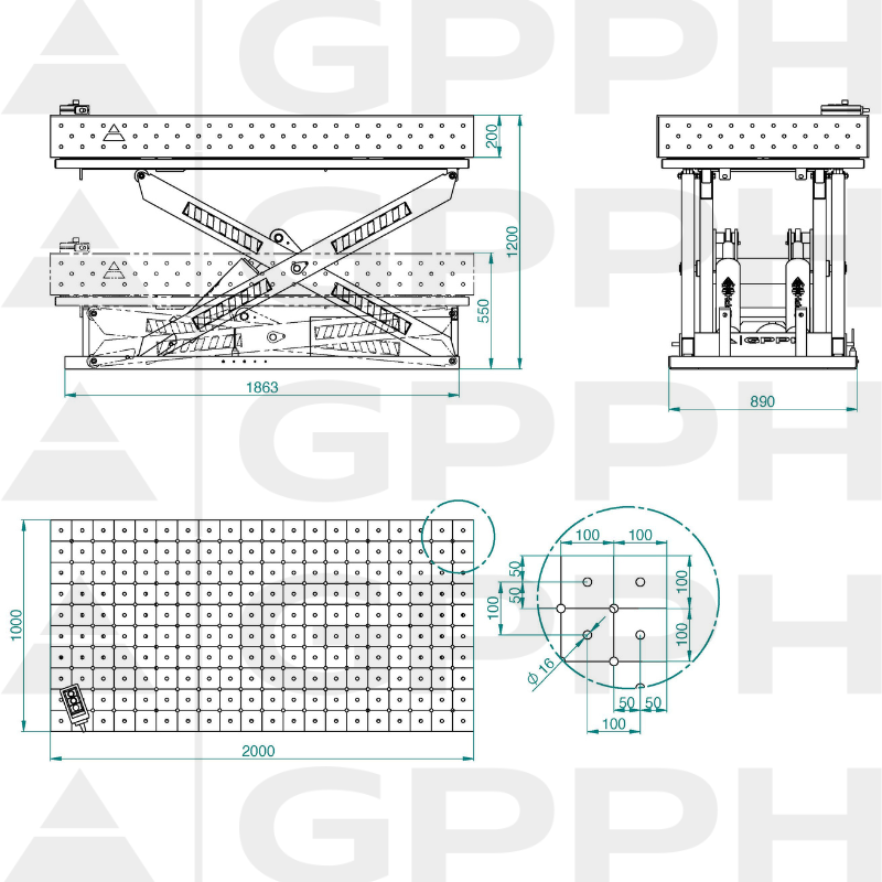 Dessin technique Table XWT ECO 2000x1000 mm fi16 diagonale