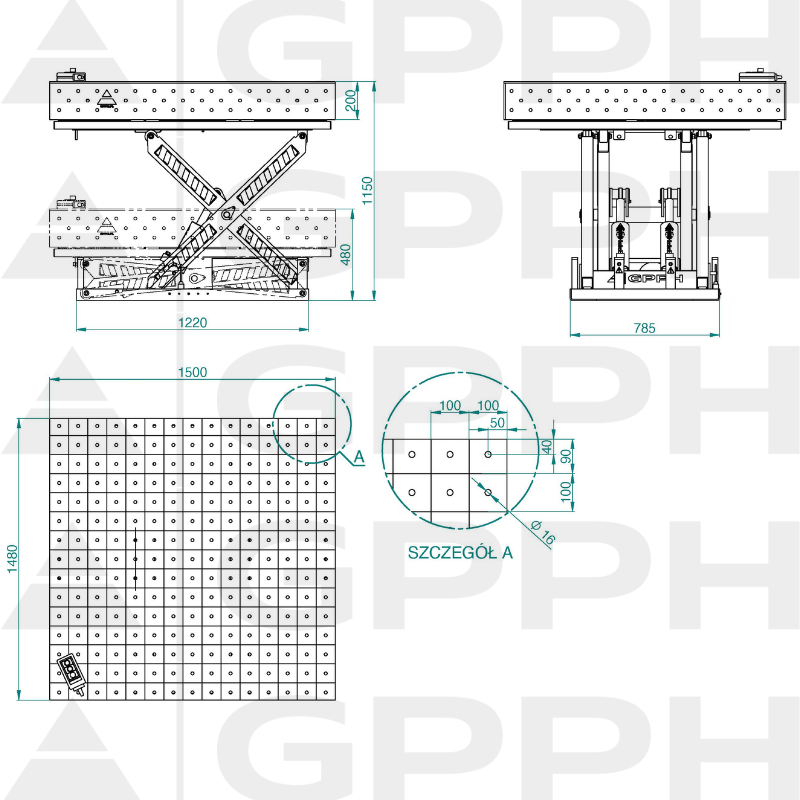 Technische Zeichnung Tisch XWT ECO 1500x1480 mm fi16 100x100
