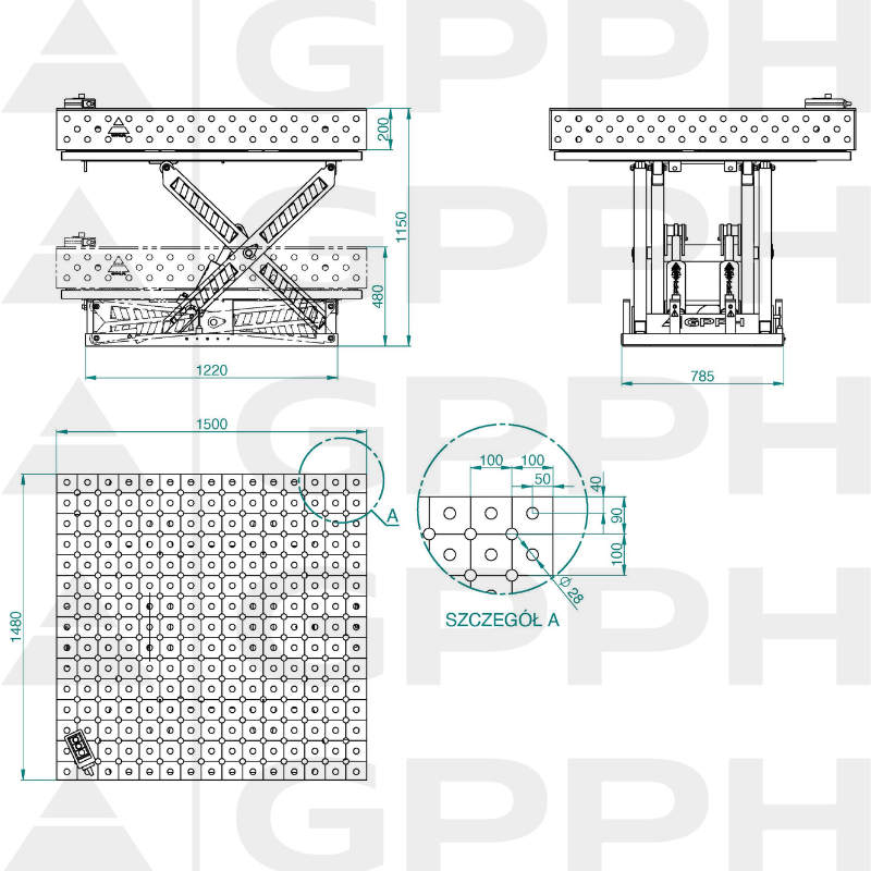Technische Zeichnung Tisch XWT ECO 1500x1480 mm fi28 diagonal