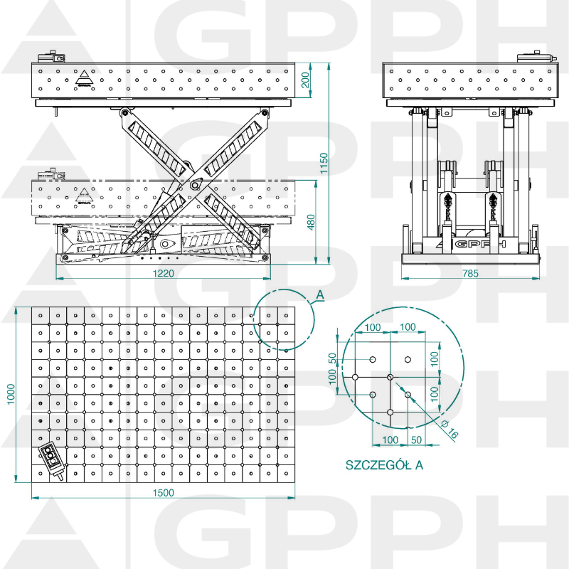 Desen tehnic Masă XWT ECO 1500x1000 mm fi16 diagonală