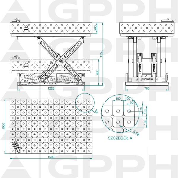 Dibujo técnico Mesa XWT ECO 1500x1000 mm fi28 diagonal